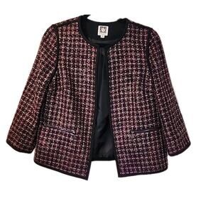 Anne Klein ladies black wine suit blazer coat jacket woven open top 3/4 Size 8